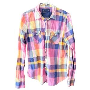 American Eagle Womens Plaid Button Down Shirt Pink Purple Long Sleeve Cotton L